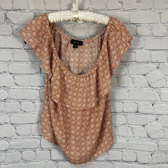 BCX Flutter Sleeve Geometric‎ Print Off the Shoulder Blouse Top, Size Large, Tan - Picture 1 of 9